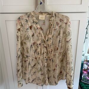 Maeve Cream Bird-Print Ruffle Front Blouse with Multicolor Accents